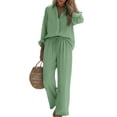 thumbnail image 3 of Bbyeadc Sets for Women 2 Piece Linen Long Sleeve Collared Button Down Shirt Drawstring Wide Leg Pants Spring Travel Sets,Green (XL), 3 of 5