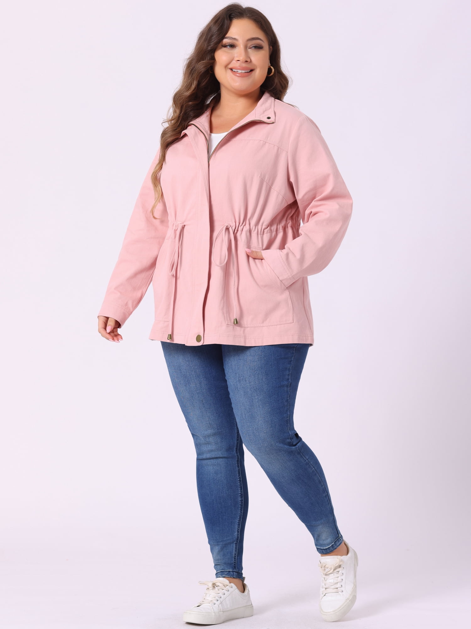 DARING DIVA Women's Plus Size Drawstring Waist Zip-up Utility Jacket 1X Pink