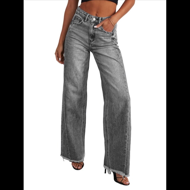 Pantalones Vaqueros de Pierna para Mujer, Cintura Alta, Elásticos, con Dobladillo Sin Rematar Gris XL