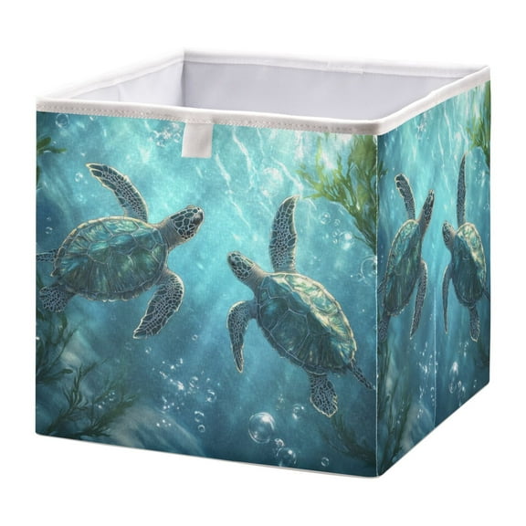 WOBOGO Sea Turtle Storage Basket Foldable Easy to Clean Durable with Hollow Support Plate with Handle 11.02×11.02×11.02 in