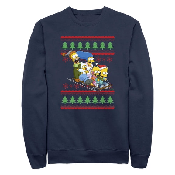 Men's The Simpsons Christmas Family Sledding Adventure Sweatshirt Navy Blue 2X Large