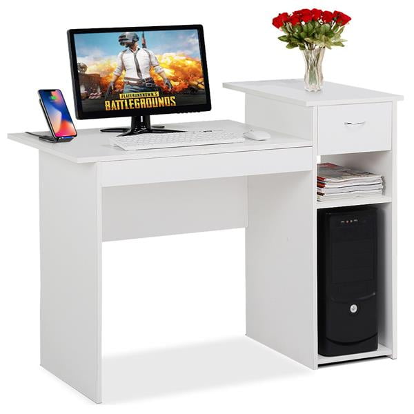 White Compact Computer Desk With Drawer And Shelf Small Spaces