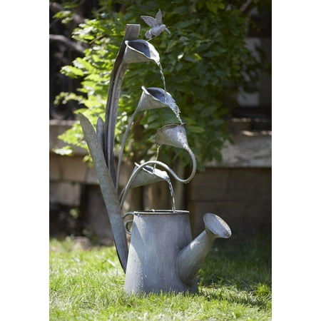 37" Galvanized Gray Water Can and Anthurium Hummingbird Metal Fountain