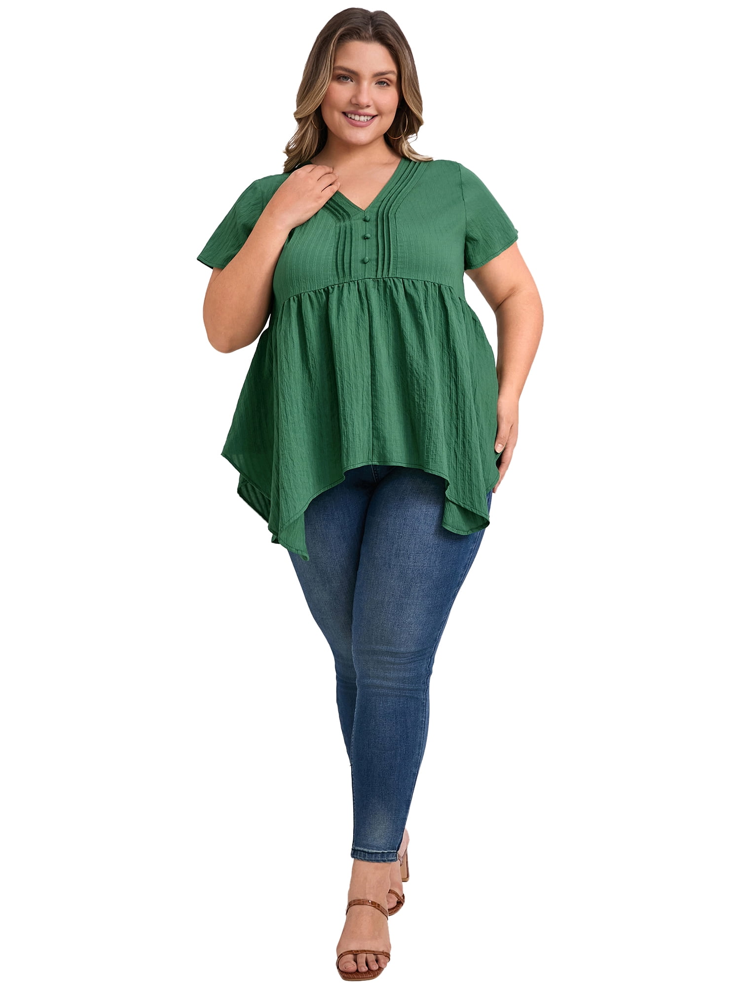 DARING DIVA Women's Plus Size V Neck Short Sleeve Asymmetric Hem Babydoll Top 3X Dark Green