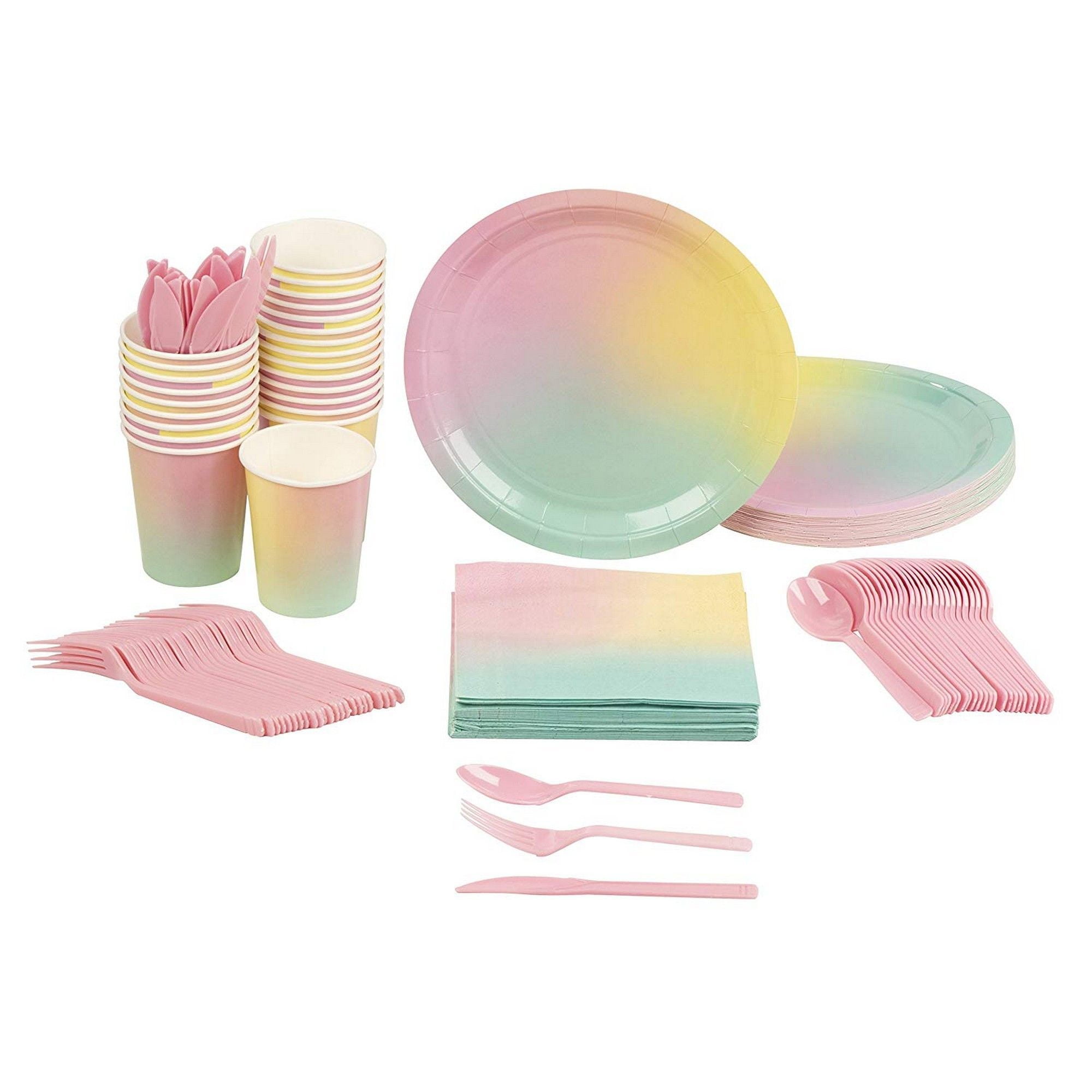 Serves 24 Rainbow Pastel Birthday Party Supplies, 144PCS Plates Napkins