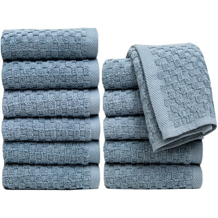 Pleasant Home Washcloths Set - 12 Pack (12” x 12”) – 550 GSM- 100% Ring Spun Cotton Wash Cloth - Super Soft and Highly Absorbent Face Towels (Grey Blue, Check Design)