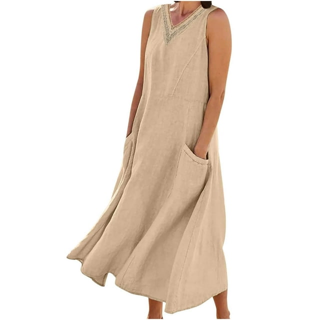 CHOK Robes d'Été Femmes Décontractées Sans Manches Lin Coton Fluide Poche Longue Maxi Robes d'Été pour Femmes Couleur Unie Grande Taille Robe pour Femmes Col en V Robe de Collation des Grades