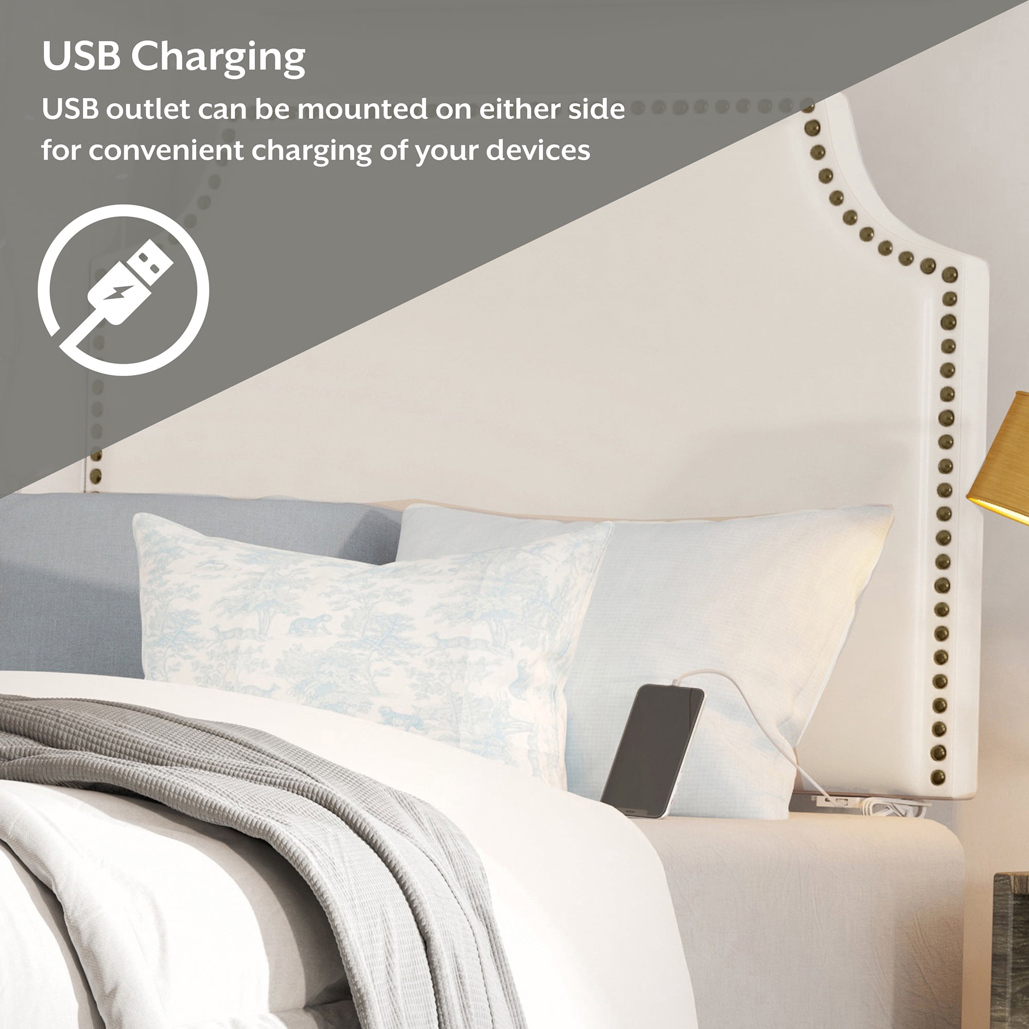 HH2 Home Hanging Twin Headboard with Nailhead and USB Charging, White Faux Leather