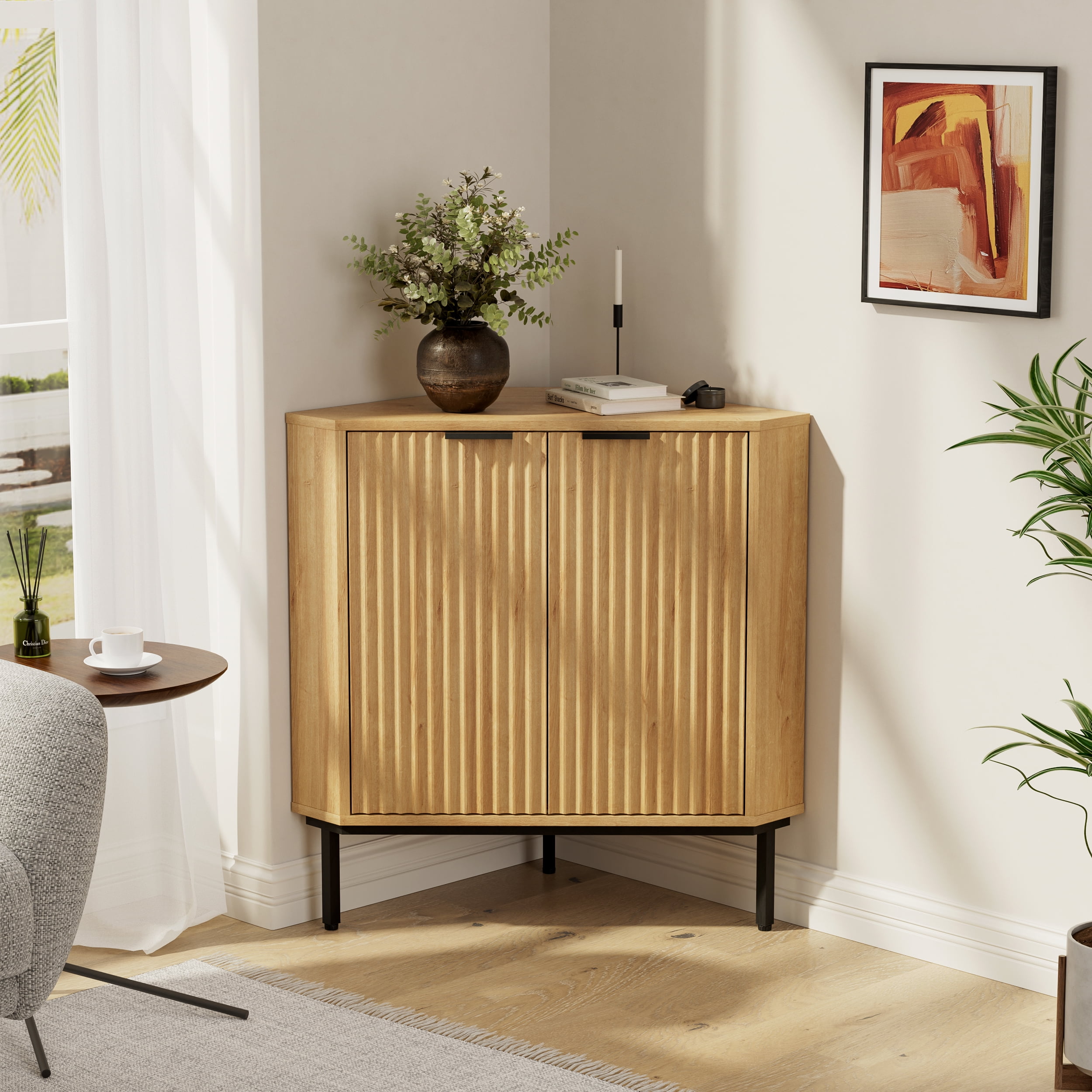 Joyyskill Modern Corner Cabinet, Fluted Small Floor Storage Cabinet with Adjustable Shelf, Freestanding Narrow Organizer for Living Room, Natural Oak