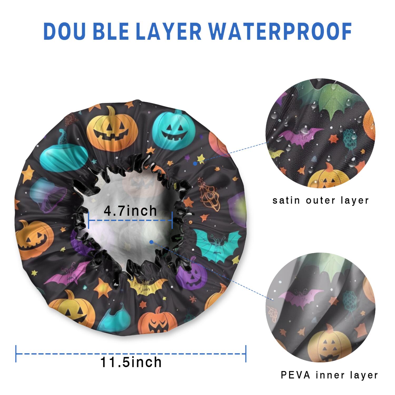 Shower Caps,Whimsical Halloween Pattern Waterproof Shower Cap for Women 4 Pieces,Double Reusable Hair Cover for Shower PEVA Elastic Stretch Hem