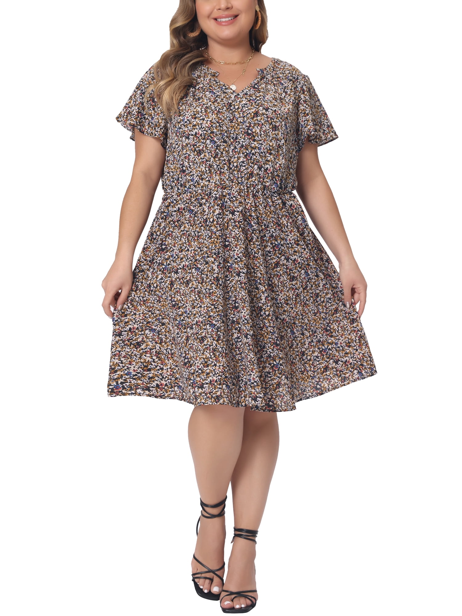 DARING DIVA Women's Plus Size Boho Floral Notched V Neck Ruffle Sleeve Dress 2X Black