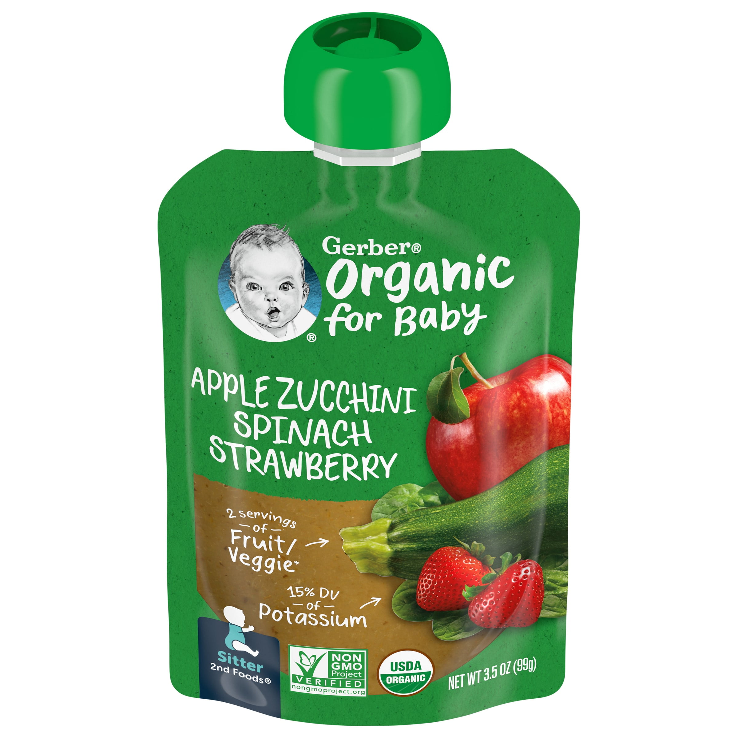 Gerber 2nd Foods Organic for Baby Baby Food, Apple Zucchini Spinach Strawberry, 3.5 oz Pouch (12 Pack)