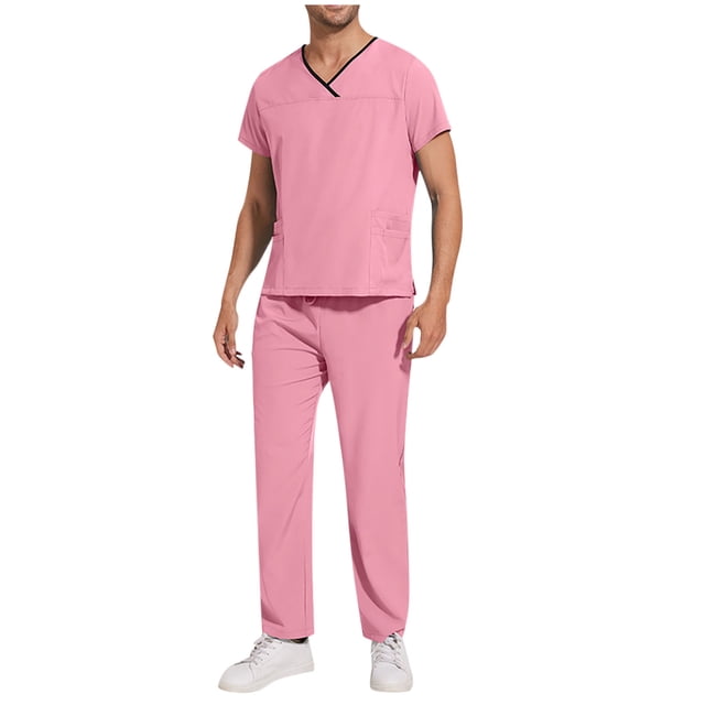 Penkiiy Scrubs Set para hombres, Classic V-Neck Stretch Top& Pantalones rectos Yoga Waistband M Pink