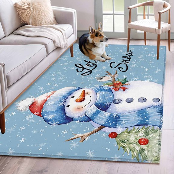 2.7'x5' Area Rugs, Christmas Snowman Indoor Outdoor Area Rug for Living Room Bedroom, Xmas Tree Winter Snowflake Blue Washable Bathroom Rugs Kitchen Floor Carpet Mats Home Decor Aesthetic