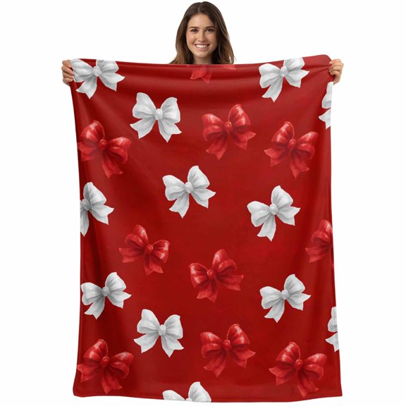 Red White Bow Blanket Soft Cozy Warm Throw Blanket for Couch, Plush Fuzzy Flannel Fleece Blankets for Sofa, Modern Art Watercolor Bowknot Bed Blankets Lightweight Gifts for Women, 32"x48"