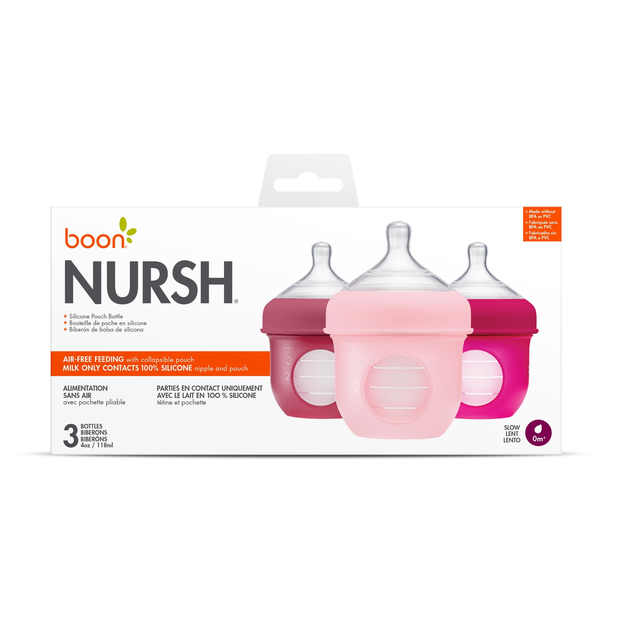 Boon Nursh Reusable Silicone Pouch Baby Bottle, Air-Free Feeding, Pink Multi Pack 4 Oz 3 Pk