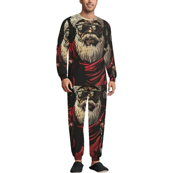 Badass Santa Claus Men's Pajama Set Sleepwear Pjs Lightweight Long Sleeve Crewneck Shirts and Bottoms Soft Comfy Sleep Sets XS