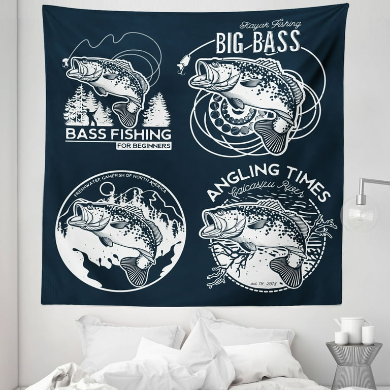 Bass Fish Tapestry, Freshwater Gamefish of America Lettering Fishing Animal  Bait Activity, Fabric Wall Hanging Decor for Bedroom Living Room Dorm, 5  Sizes, Dark Violet Blue White, by Ambesonne 