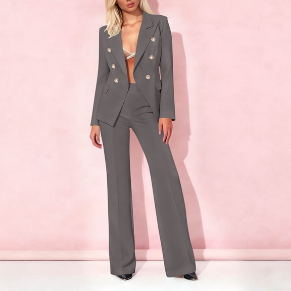 LEWKW Women's Elegant 2 Piece Blazer Sets Long Sleeve Gold Button Jacket And Wide Leg Trousers Matching Sets formal Chic Business Work Office Suits