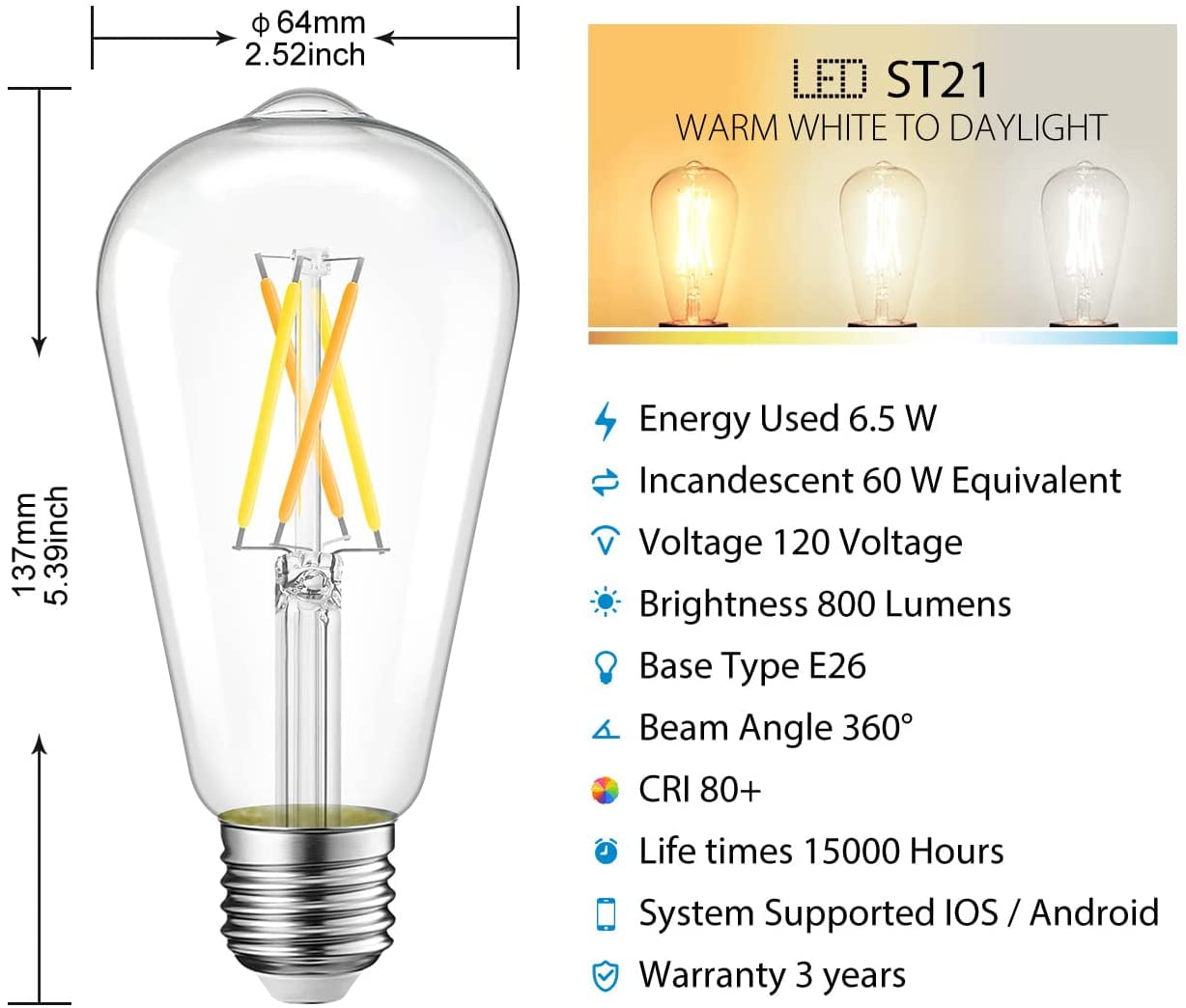 FEFEFW-WiFi Dimmable Vintage LED ST21 Edison Smart Bulb, 60 Watt Equivalent, E26 Base, 2700K - 6500K, Compatible with Alexa, Google Assistant, No Hub Required,2 Pack