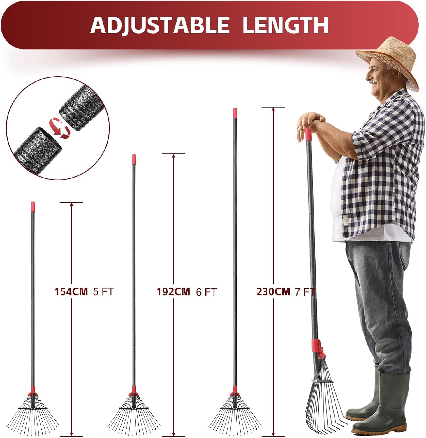 AEASKIEY Adjustable Leaf Rake with Expandable Head 8-17'', 60'' Long Handle Garden Rakes for Lawns, Heavy Duty for Gardening RV Camping, Red