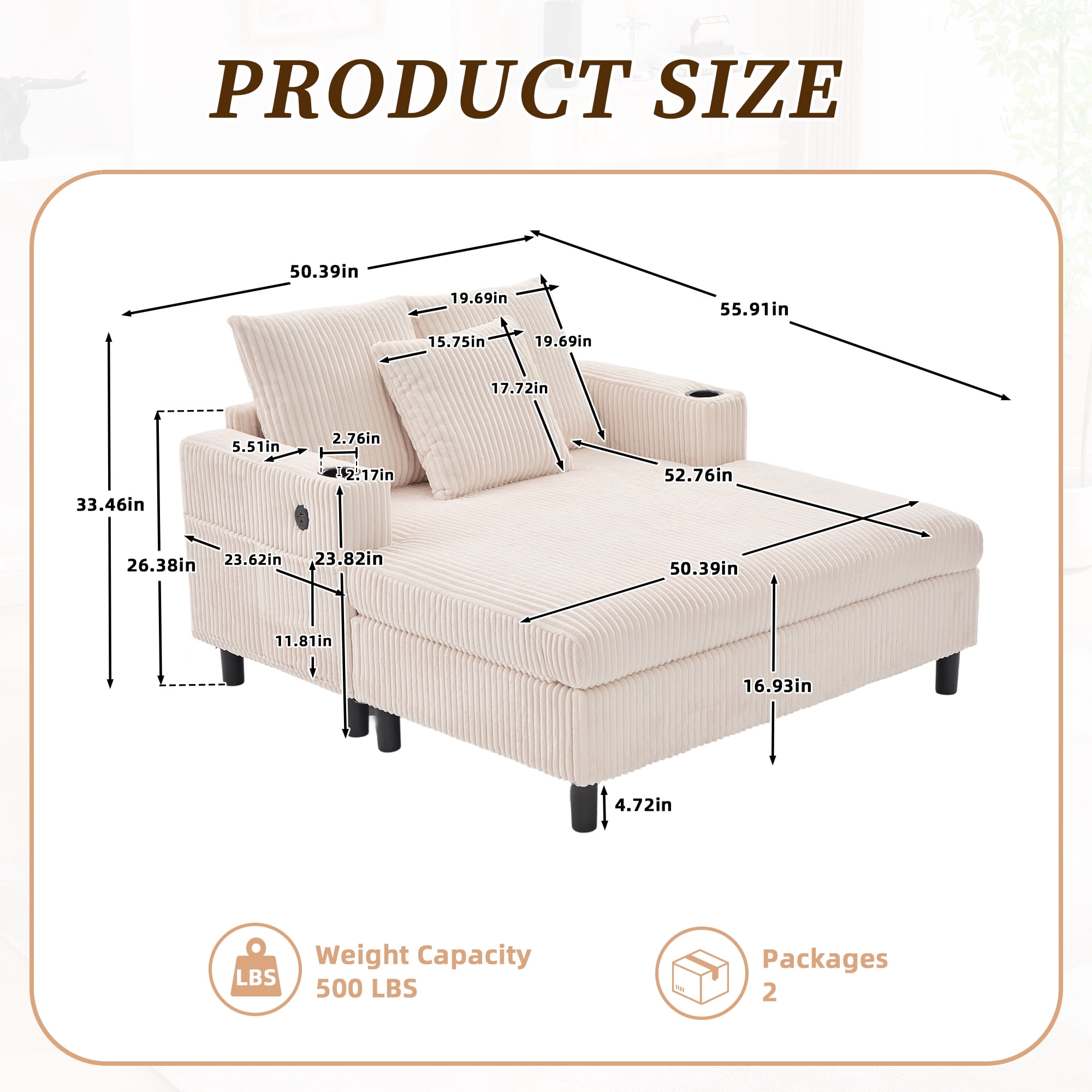 MOONMISS Corduroy Upholstered Oversized RGB LED Light Recliner Sofa Bed with Cup Holder,USB&3 Pillows-Beige