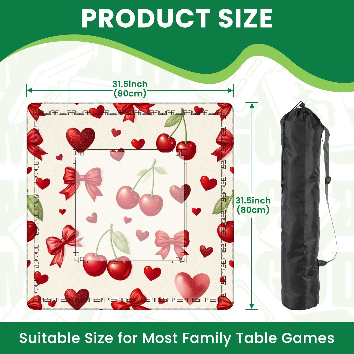 Mahjong Mat 31.5" x 31.5" Red Cherries Hearts Bows Cream Non-Slip Noise Reduction American Mahjong Tiles Table Cover for Dominoes Poker Card Board Games Gift