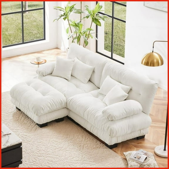 2-Seater Vintage Chenille Cloud Couch with Convertible Ottoman - White Living Room Sofa with Lumbar & Throw Pillows