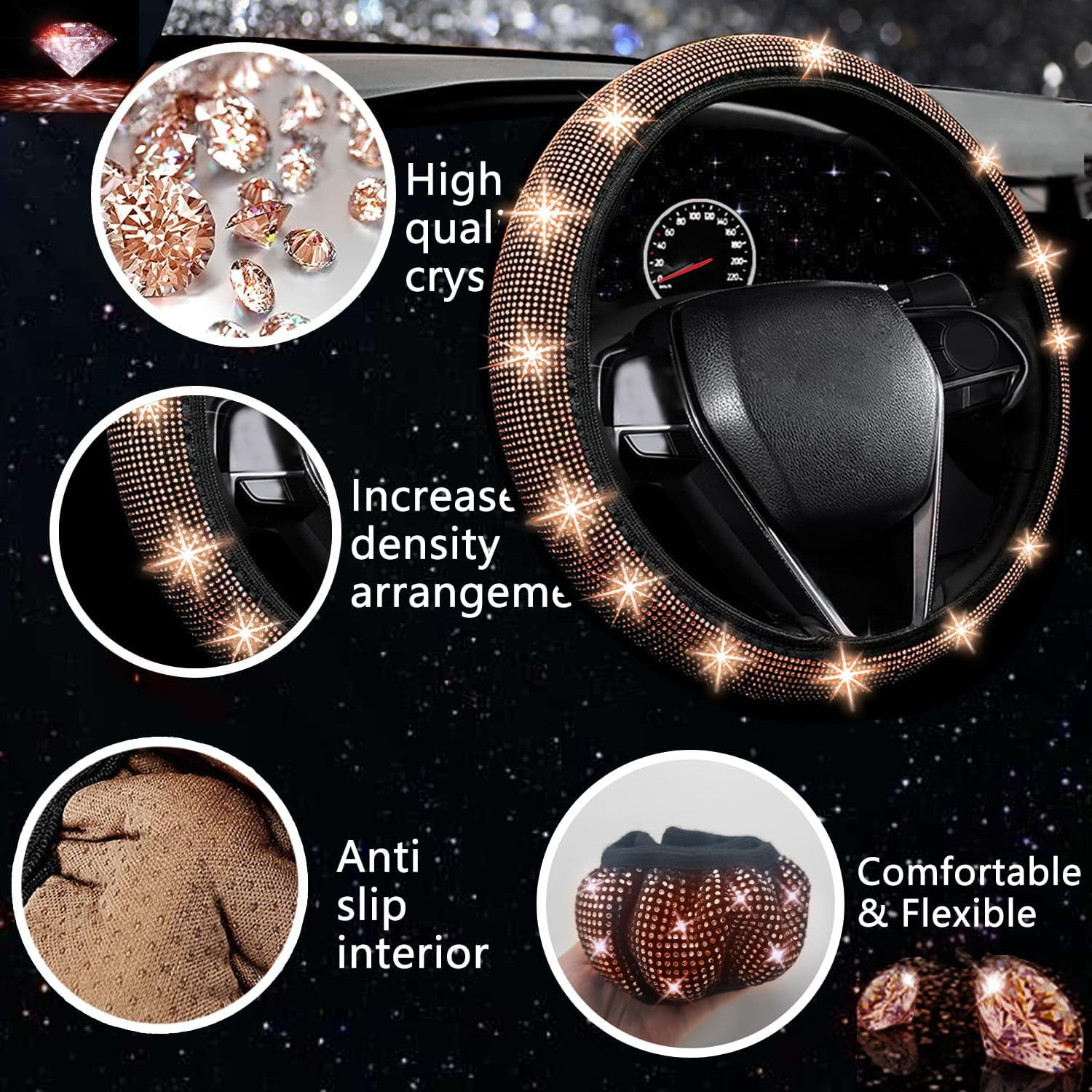 27 PCs Gold Champagne Bling Car Accessories Set for Women, Steering Wheel Covers Universal Fit 15 Inch, Bling License Plate Frame, Bling Phone Holder, Bling Car Coasters