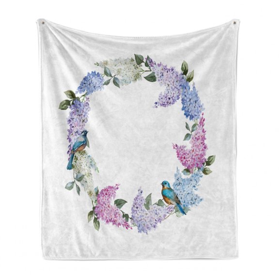 Lilac Soft Flannel Fleece Blanket, Flower Wreath with Fresh Blooms and Little Bird Tender Gentle Romantic Season Bridal, Cozy Plush for Indoor and Outdoor Use, 70" x 90", Multicolor, by Ambesonne