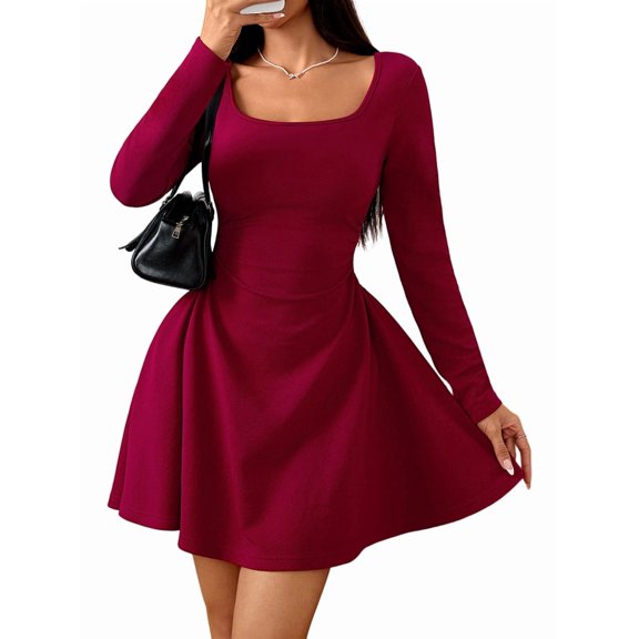 Women Square Neck Dress Casual Spring Long Sleeve Knit Pleated Elegant Classy Mini Dresses Wine Red S
