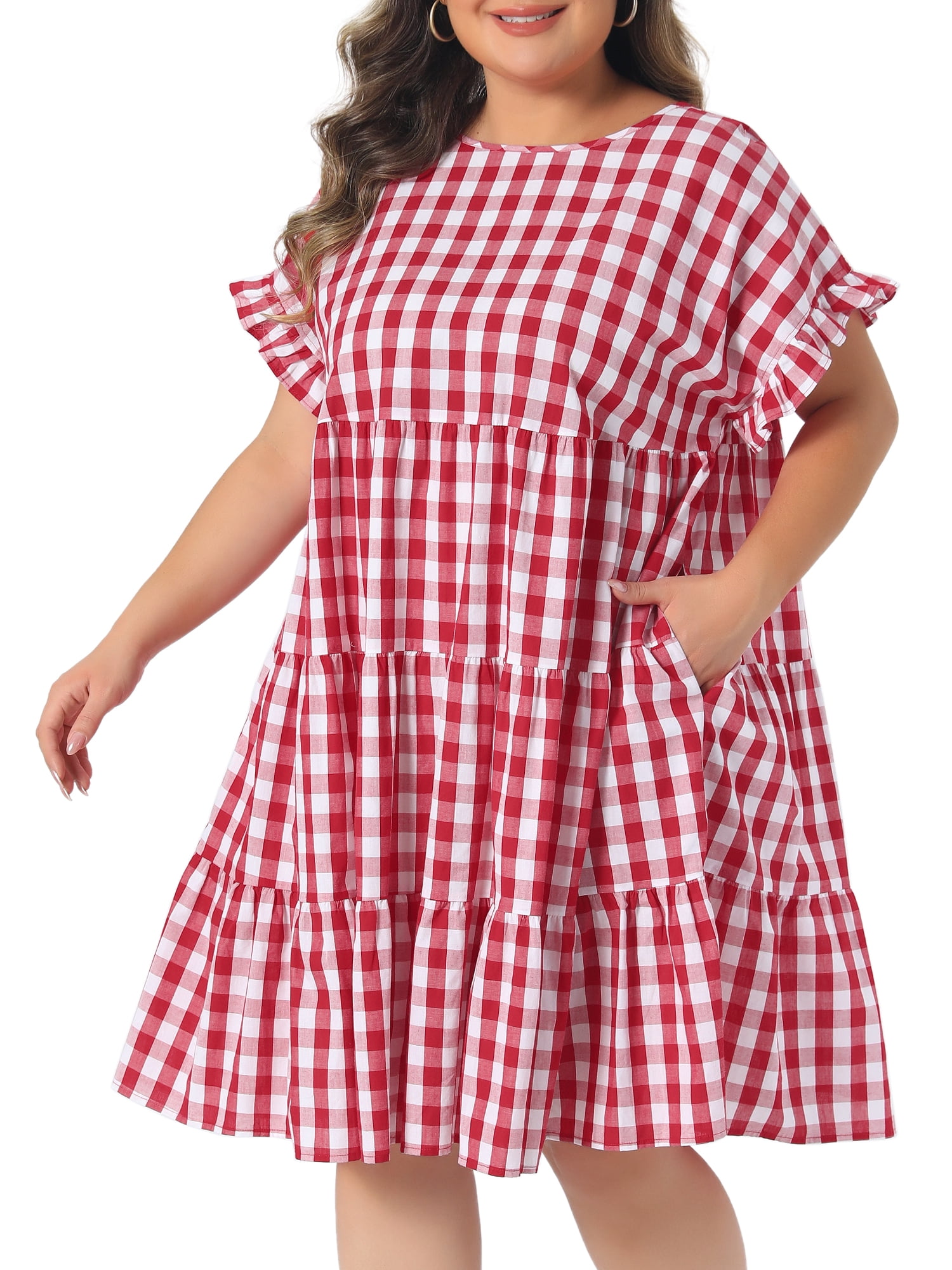 DARING DIVA Women's Plus Gingham 1950s Plaid Round Neck Dress 1X Red