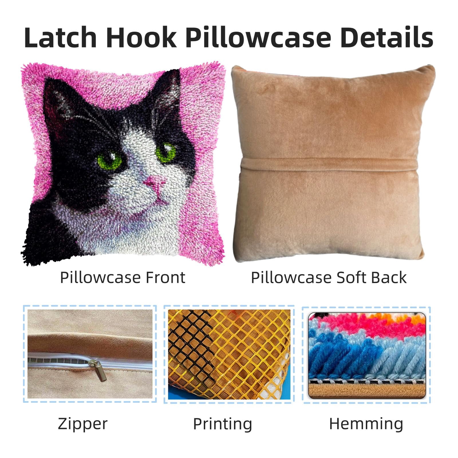 DIY Latch Hook Pillow Kits Black and White Cat with Green Eyes Printed Pillowcase Crochet Yarns Hooking Handmade Pillow Cover Cushion for Home Sofa Decoration 17x17inch-1