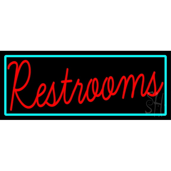 Restrooms With Turquoise Border LED Neon Sign 13 x 32 - inches, Clear Edge Cut Acrylic Backing, with Dimmer - Bright and Premium built indoor LED Neon Sign for Bar decor.