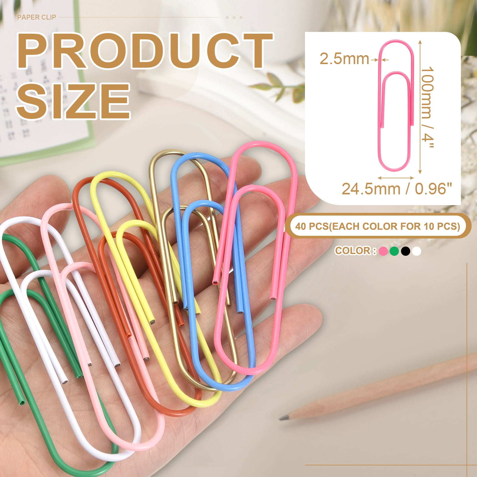 Uxcell 4 Inch Large Paper Clip, 40Pcs Big Paper Clip Metal Giant Extra Large Rust-proof Strong Bulk for Home Office Supplies Organizing Files Document Bookmark, Black/White/Green/Pink