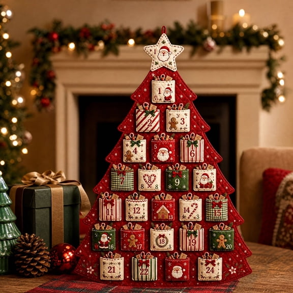 Christmas Advent Calendar 2026, Traditional Tree 24-pocket Fillable Countdown for Candy, Notes and Small Gifts, Wall Hanging Organizer for Home Decor