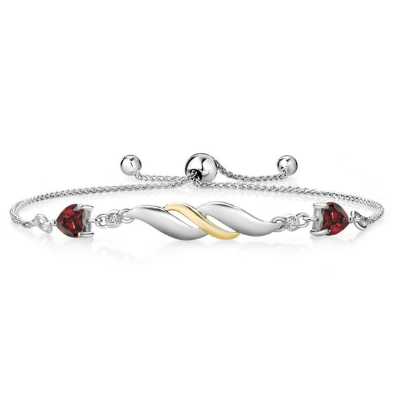 Gem Stone King 925 Sterling Silver and 10K Yellow Gold Red Garnet and White Lab Grown Diamond Tennis Bracelet for Women (1.22 Ct Heart Shape 5MM, Fully Adjustable up to 9 inch)