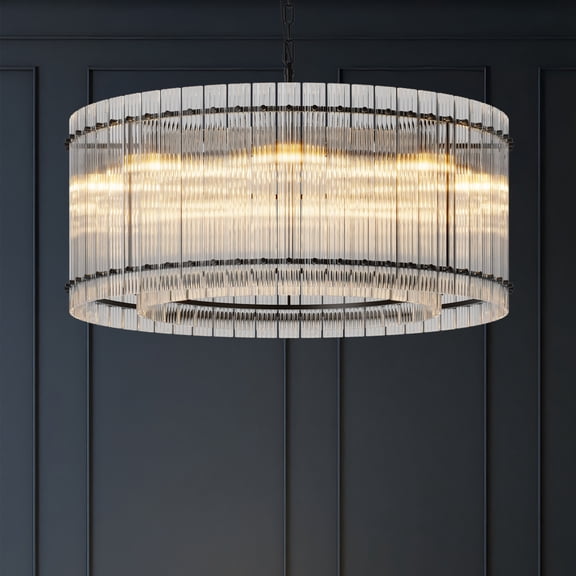 37 Inch Modern Round Chandelier with Water Ripple Crystal Glass, 2-Tier 8-Light Luxury Fixture for Dining Room Living Room Bedroom Entryway High Ceiling Spaces