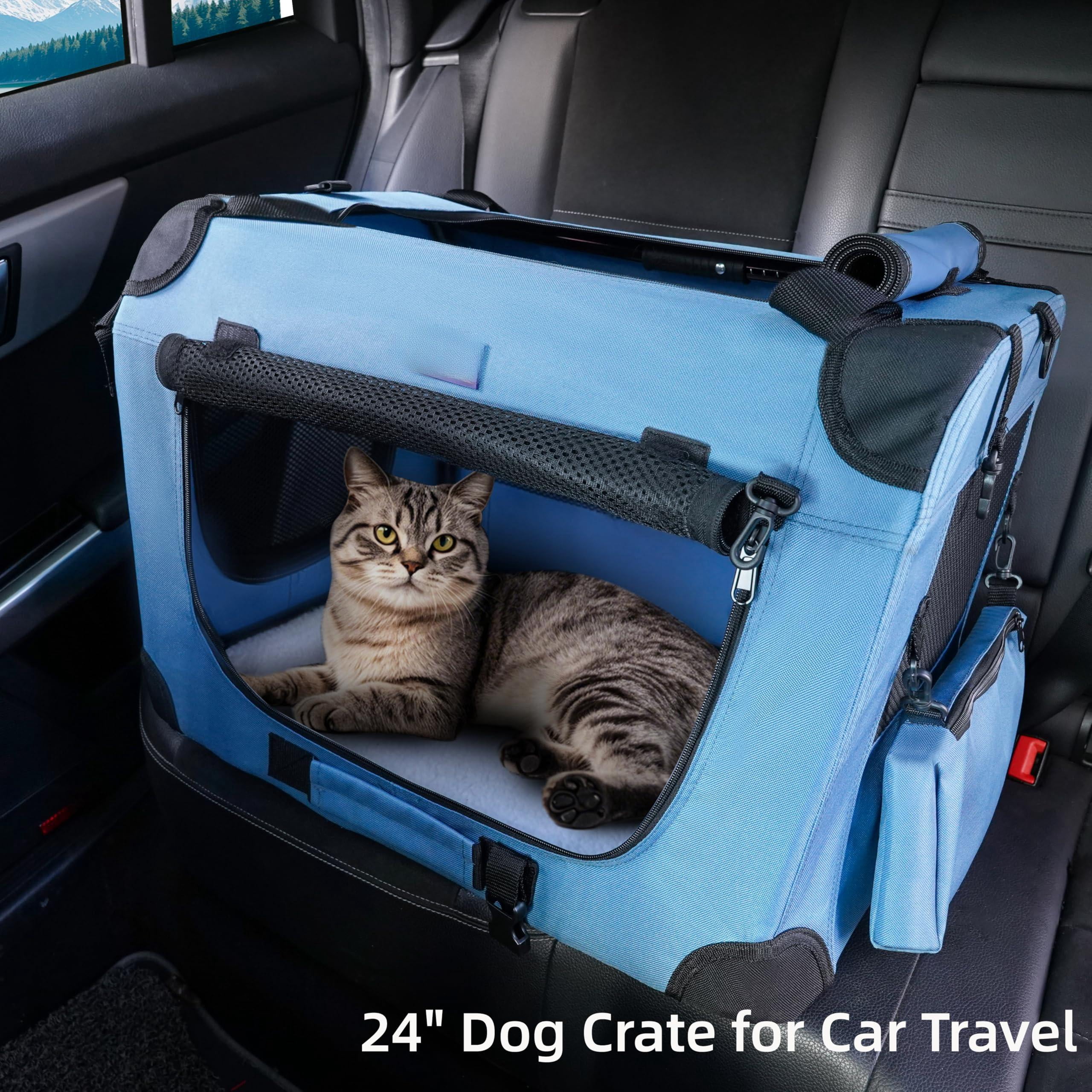Portable Collapsible Dog Crate  Travel 24x17x17 With Soft Warm Blanket And Foldable Bowl For Large Cats & Small Dogs Indoor Outdoor