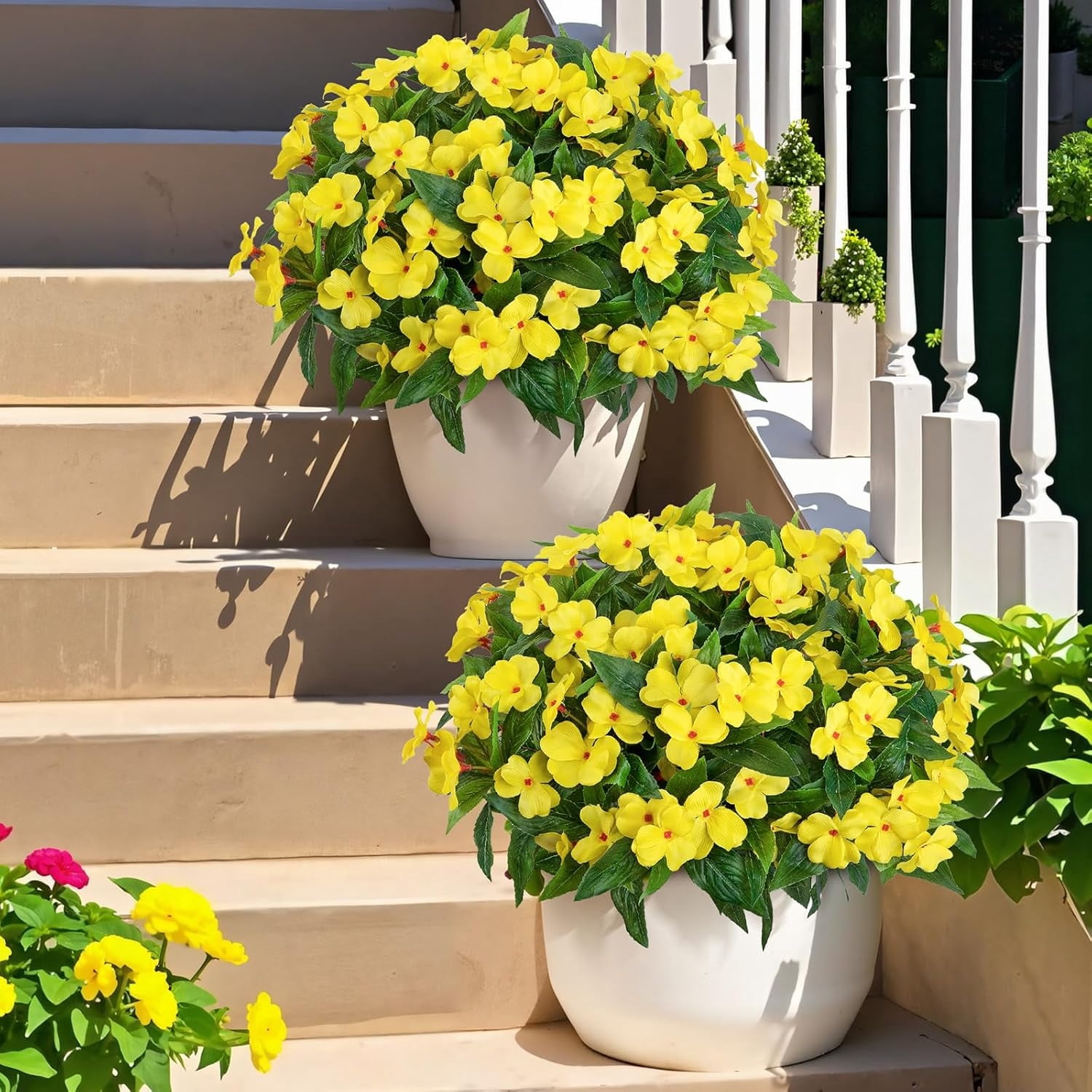 Topboutique Artificial Impatiens Flowers for Outdoors 4 Pcs 7 Branches Silk Flowers Greenery Bouquet Faux Yellow Flowers Plants Fake Plant for Planter Front Door Porch Patio Table Indoor Decor