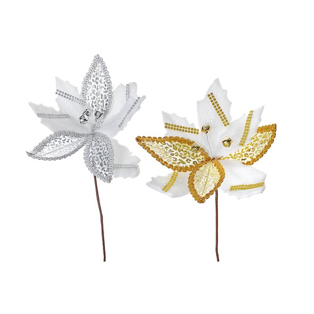 Decorative poinsettia picks with white petals embellished in silver and gold rhinestones, each featuring small jingle bells on brown stems.