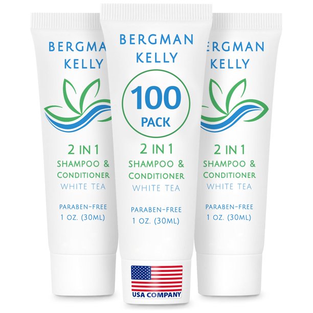 BERGMAN KELLY - Champú y acondicionador 2 en 1 tamaño viaje - 1 fl oz 100 PK Té blanco - Deleite a sus invitados con champú revitalizante y refrescante Servicios Artículos de tocador de hotel de calid