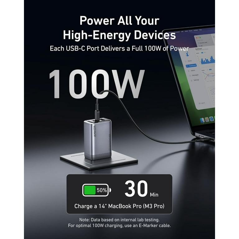 Anker Prime Oplader, 100W USB C-oplader, 3-poorts GaN opvouwbare en compacte muurlader van Anker, voor MacBook, iPad, iPhone Series, Galaxy S24/S23 en meer