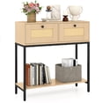 thumbnail image 1 of Costway Rattan Console Table with 2 Rattan Drawers & Open Storage Shelf Metal Legs Oak, 1 of 10