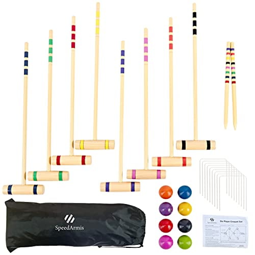 SpeedArmis 8 Players Croquet Set with 28In Pine Wooden Mallets, Colored PE Ball, Wickets, End Stakes - Lawn Backyard Outdoor Game Set for Kids/Family (Portable Carry Bag Including)
