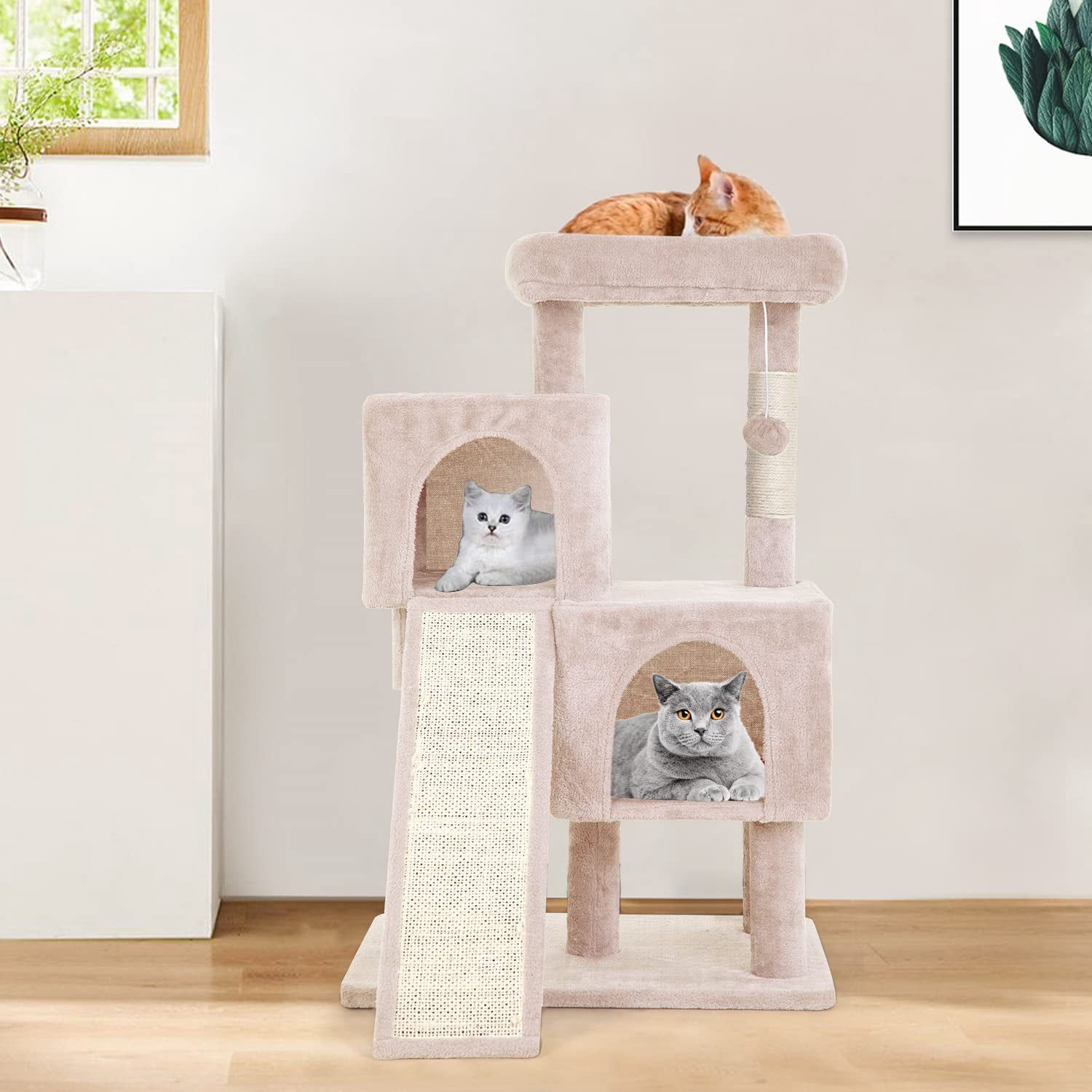 36 inches Cat Tree for Indoor Cats Cat Tower with Scratching Posts Multi-Level Cat Furniture Condo with Ramp Perch Spacious Cat Cave (Beige)