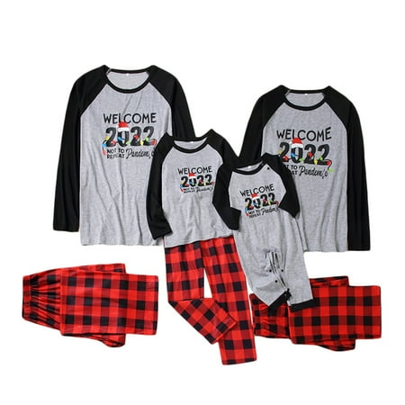 

Amuver Family Christmas Pjs Matching Sets Plaid Letter Print Long Sleeve Pullover+ Long Pants Matching Holiday Pajamas Set