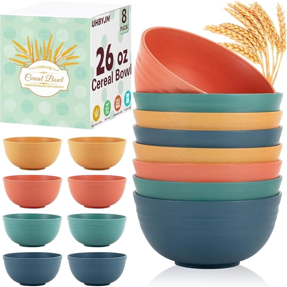8 PCS Wheat Straw Bowl, Unbreakable Cereal Bowls, 26 Oz Wheat Straw Fiber Lightweight Bowls, Dishwasher & Microwave Safe, BPA Free Bowl Sets for Serving Soup Oatmeal Pasta and Salad