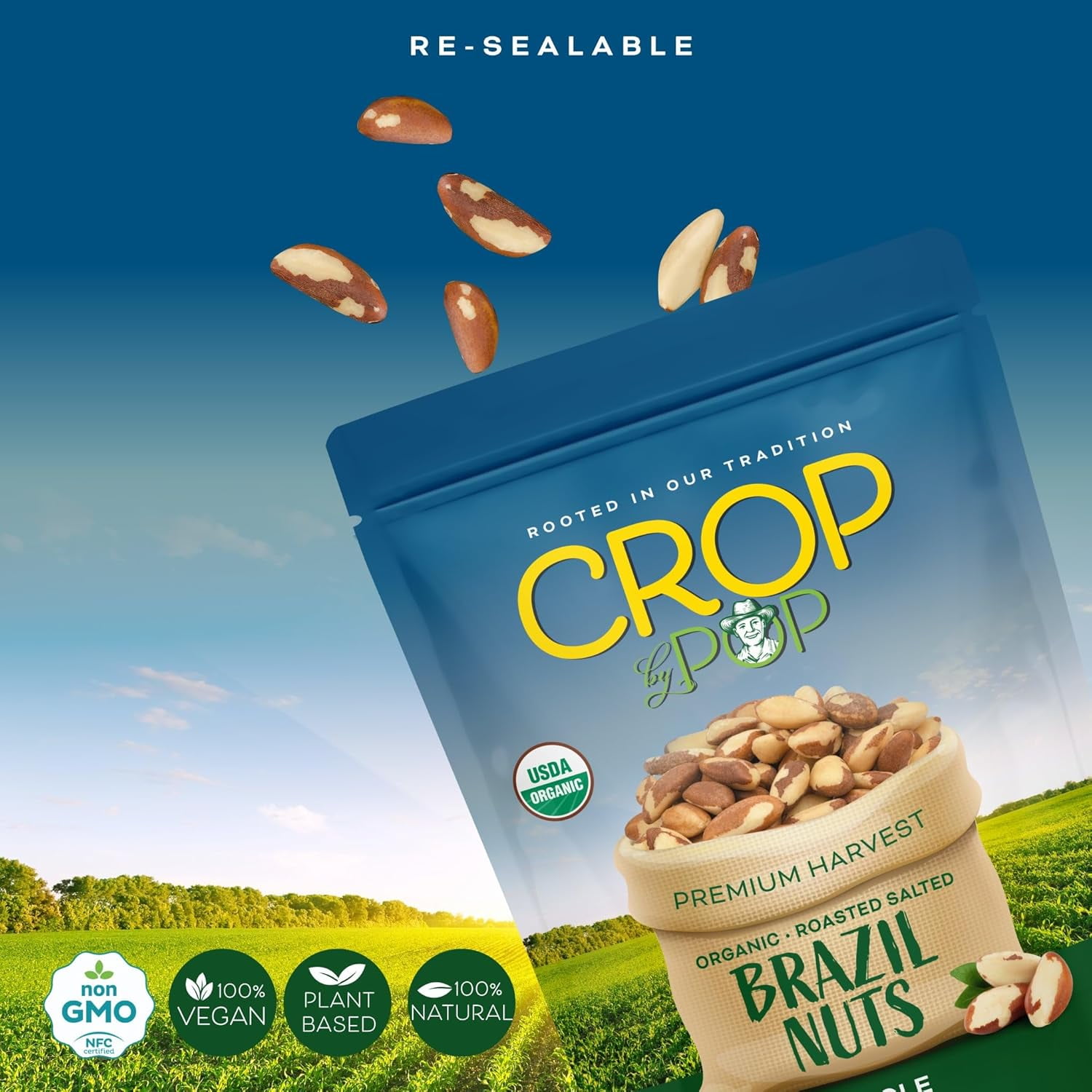 Crop By Pop - Organic Brazil Nuts Roasted & Salted USDA Non GMO (8 Oz) All Natural, Keto, Vegan, Kosher