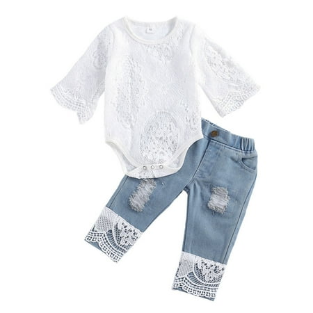 

Dewadbow Infant Kid Baby Girl Lace Flower Romper Top Denim Pants Clothes